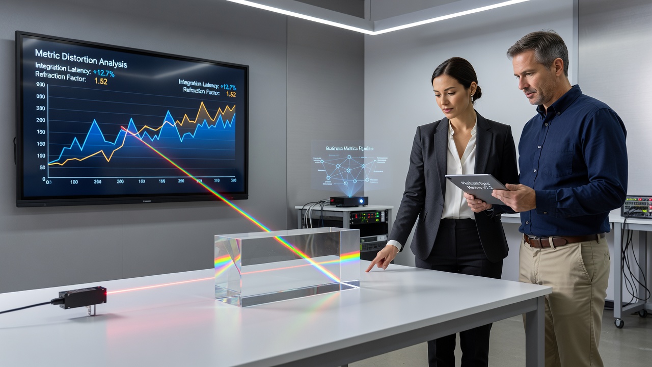 Technical diagram illustrating metric refraction paths in integrated business intelligence platforms