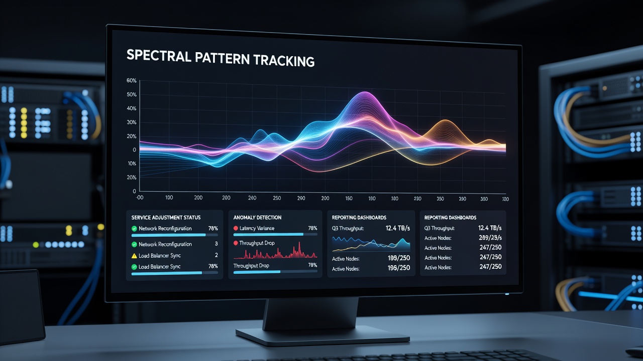 Spectral analysis graphs integrated into a multi-panel reporting dashboard showing frequency shifts post-adjustment